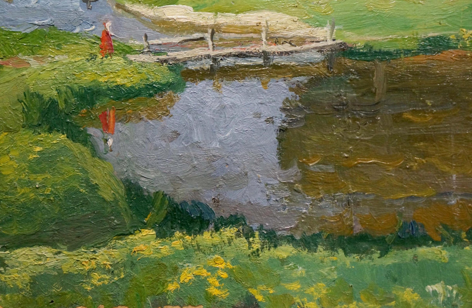 Oil painting Children at the pond: figure in red by rustic bridge