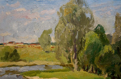 Oil painting of children at the pond in serene landscape with river and trees