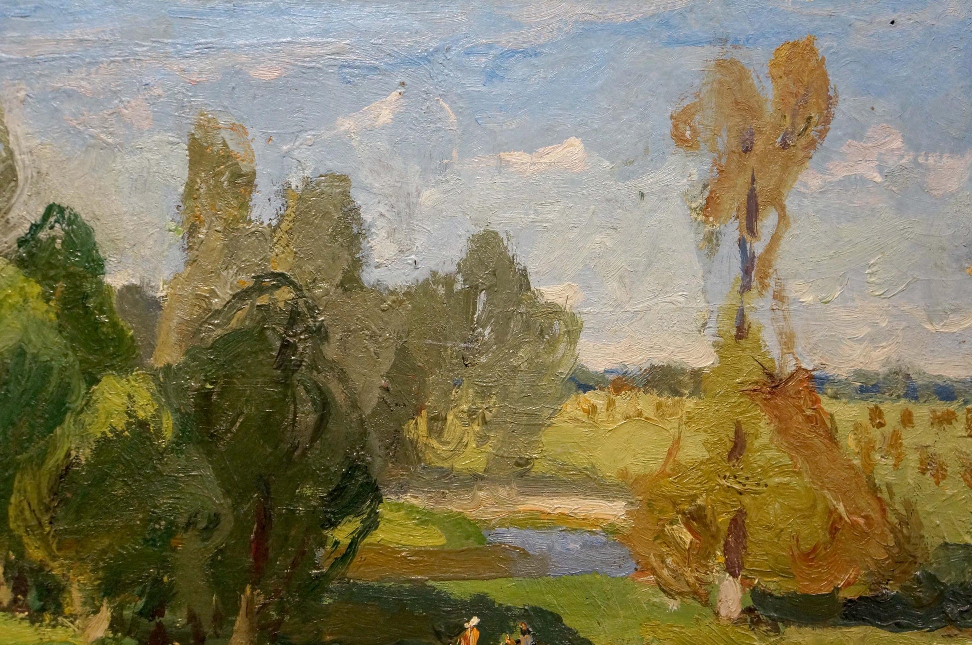 Oil painting of children at the pond with impressionistic trees under blue sky