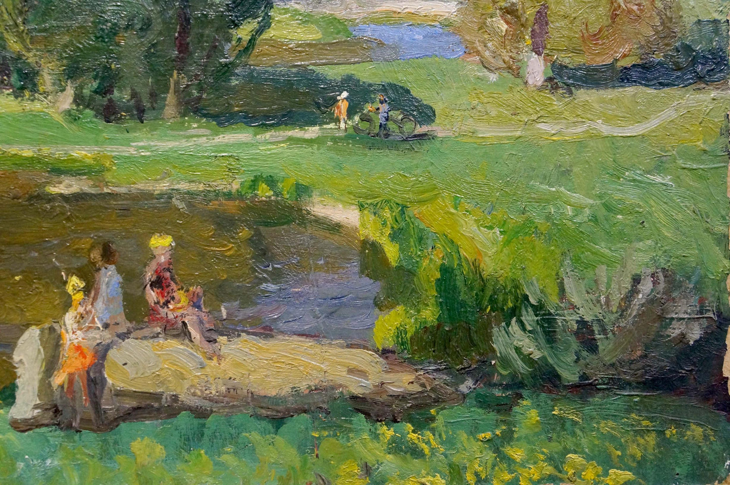 Oil painting Children at the pond: vibrant impressionist sunlit riverbank scene