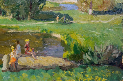 Oil painting Children at the pond: vibrant impressionist sunlit riverbank scene