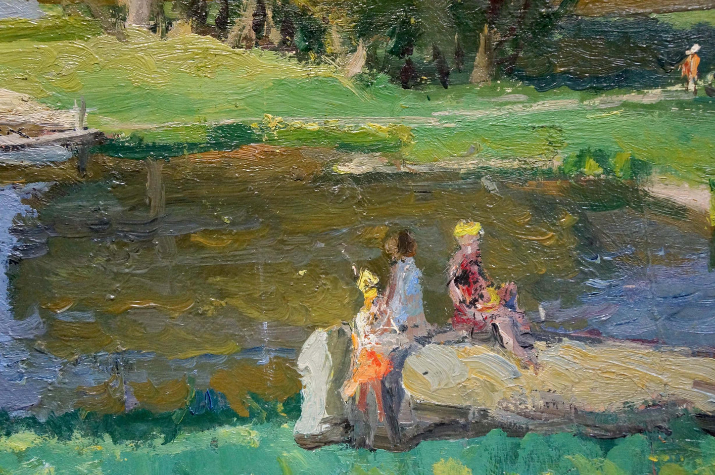 Oil painting Children at the pond: vibrant impressionist scene of kids by reflective water