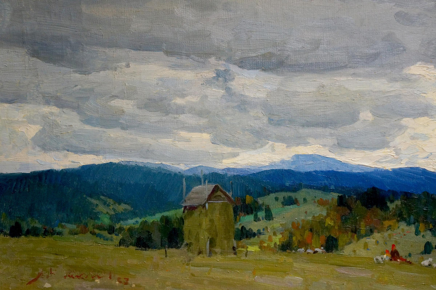 Oil painting of rustic barn in golden field by Zhabinsky Leonid Andreevich