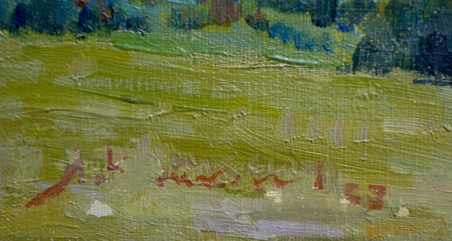 Oil painting To the Rain by Zhabinsky Leonid Andreevich, textured green blue landscape