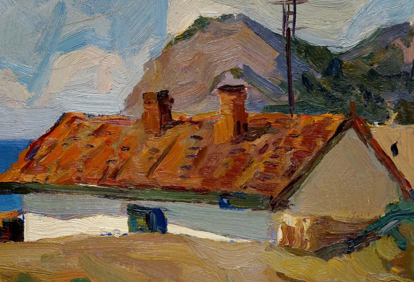 Oil painting by Gavrilyuk Nikolay Stepanovich: orange roof, chimneys, hills