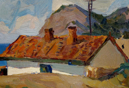 Oil painting by Gavrilyuk Nikolay Stepanovich: orange roof, chimneys, hills