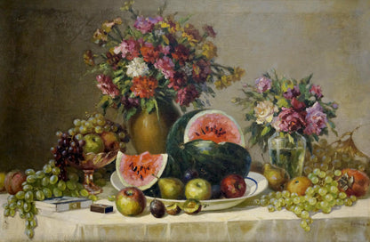 Oil painting of vibrant mixed flowers in golden vase by Kolobov F