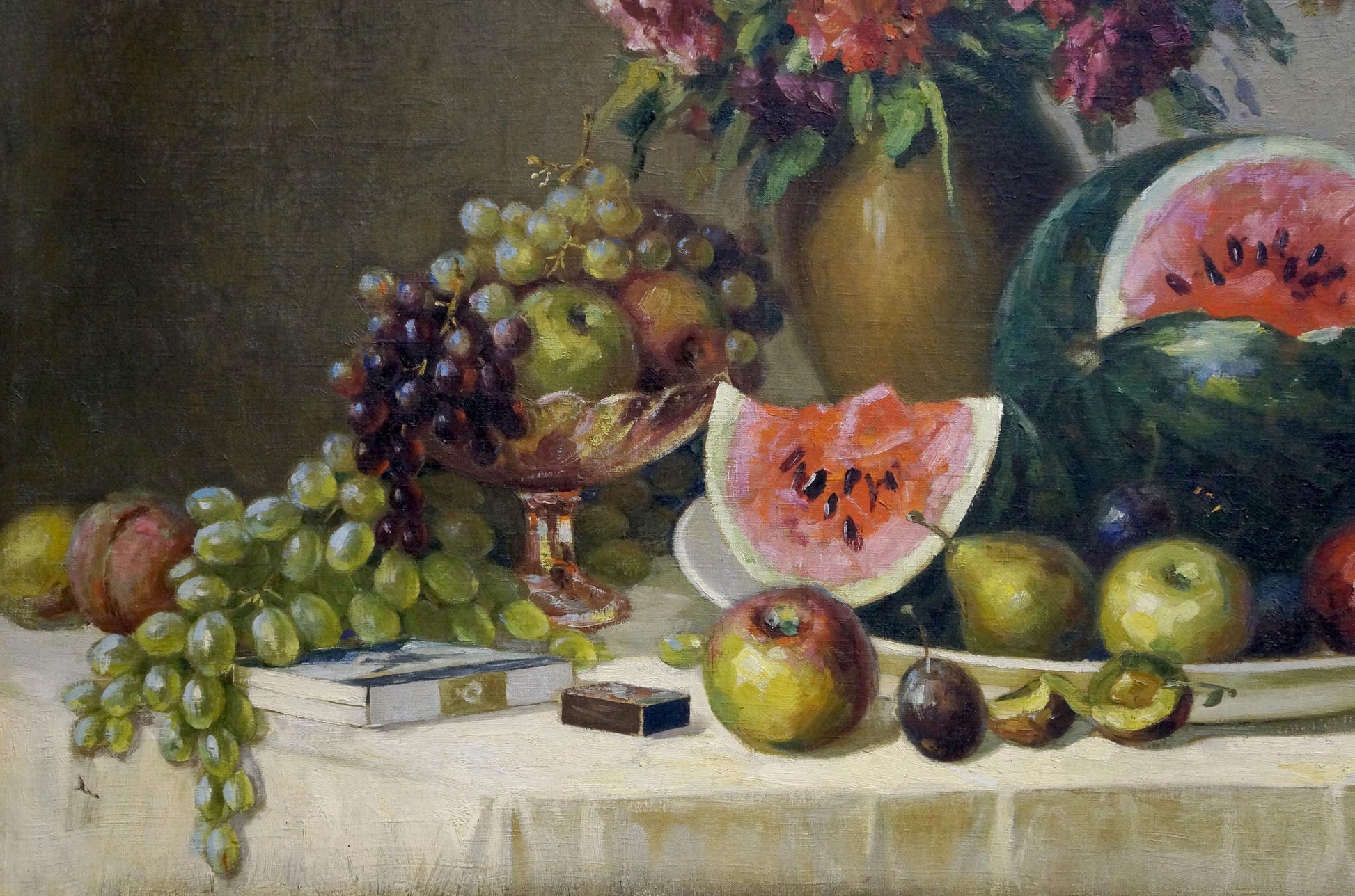 Oil painting Fruit still life by Kolobov F: lush grapes, watermelon, fruits