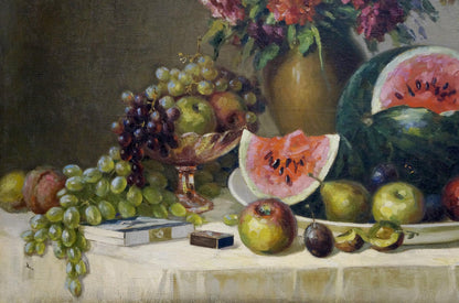 Oil painting Fruit still life by Kolobov F: lush grapes, watermelon, fruits