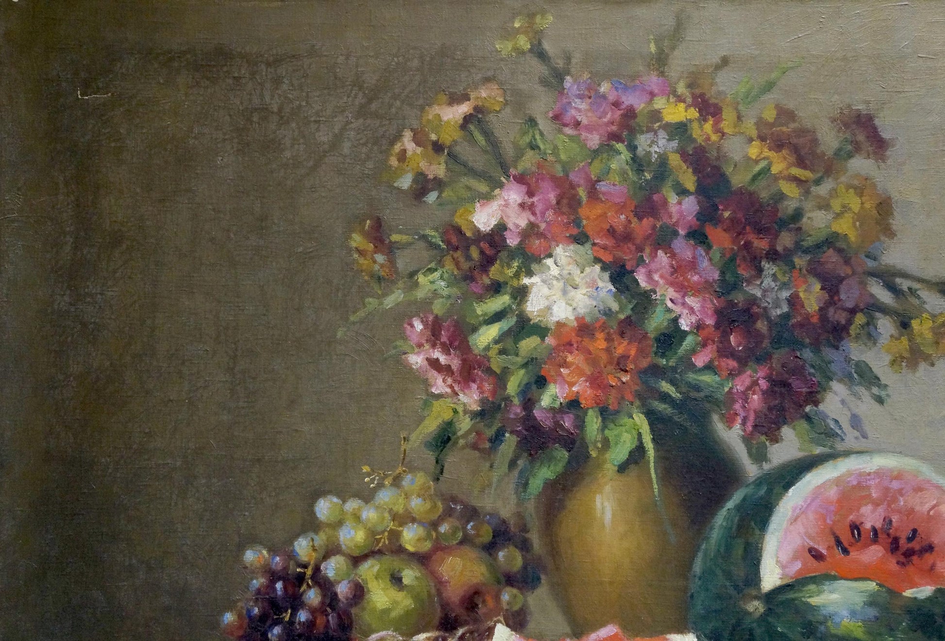 Oil painting of vibrant flower bouquet in ceramic vase by Kolobov F