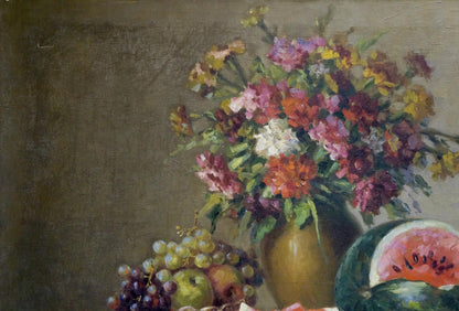 Oil painting of vibrant flower bouquet in ceramic vase by Kolobov F