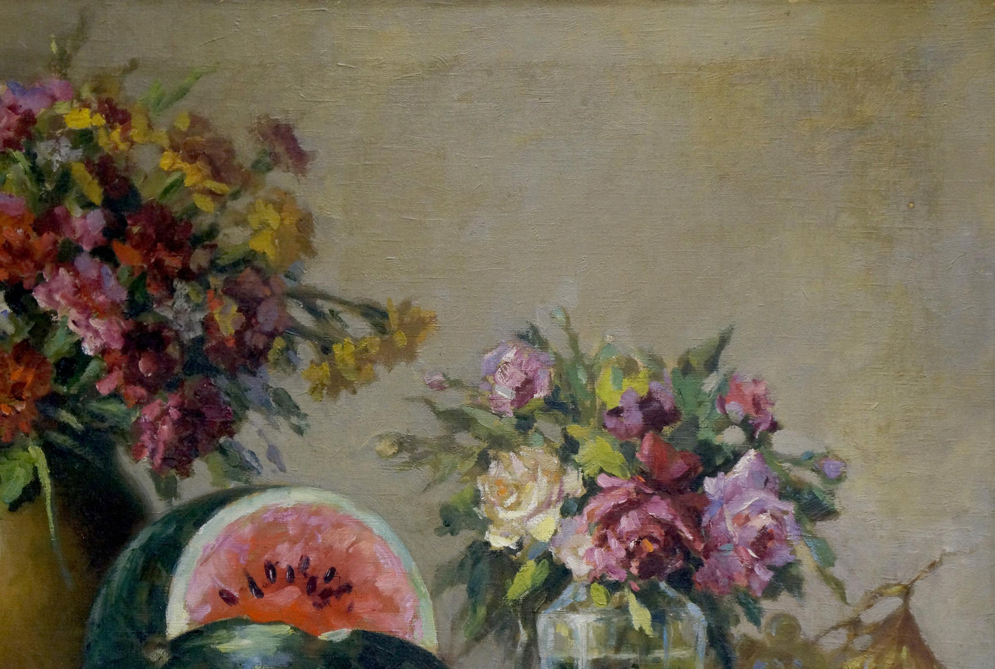 Oil painting of vibrant peonies, roses and foliage in vase by Kolobov F