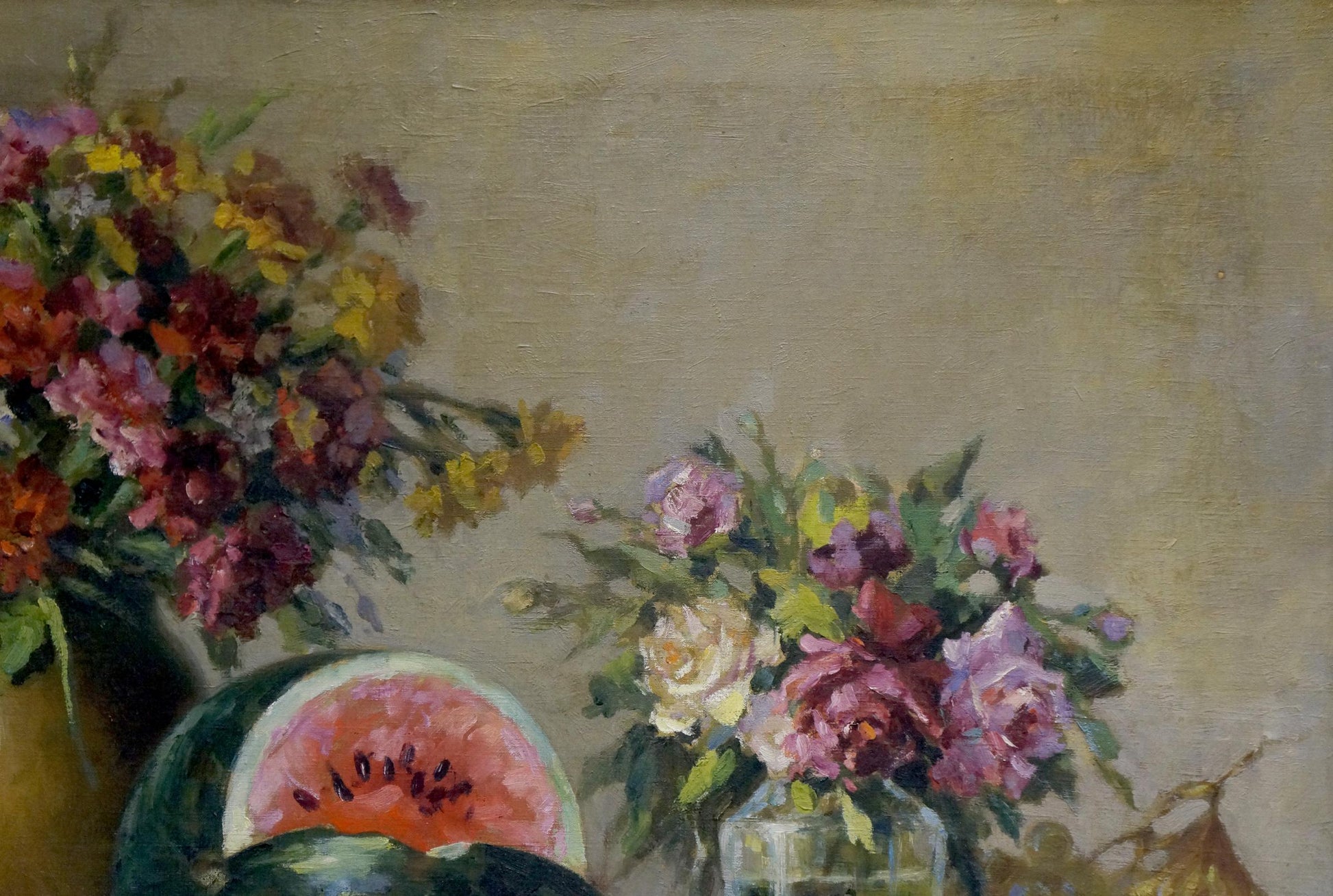 Oil painting of vibrant peonies, roses and foliage in vase by Kolobov F