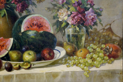 Oil painting of vibrant sliced watermelon by Kolobov F