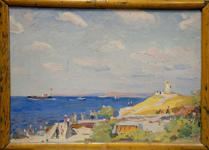 Oil painting On the bay framed coastal scene with blue water and shore figures