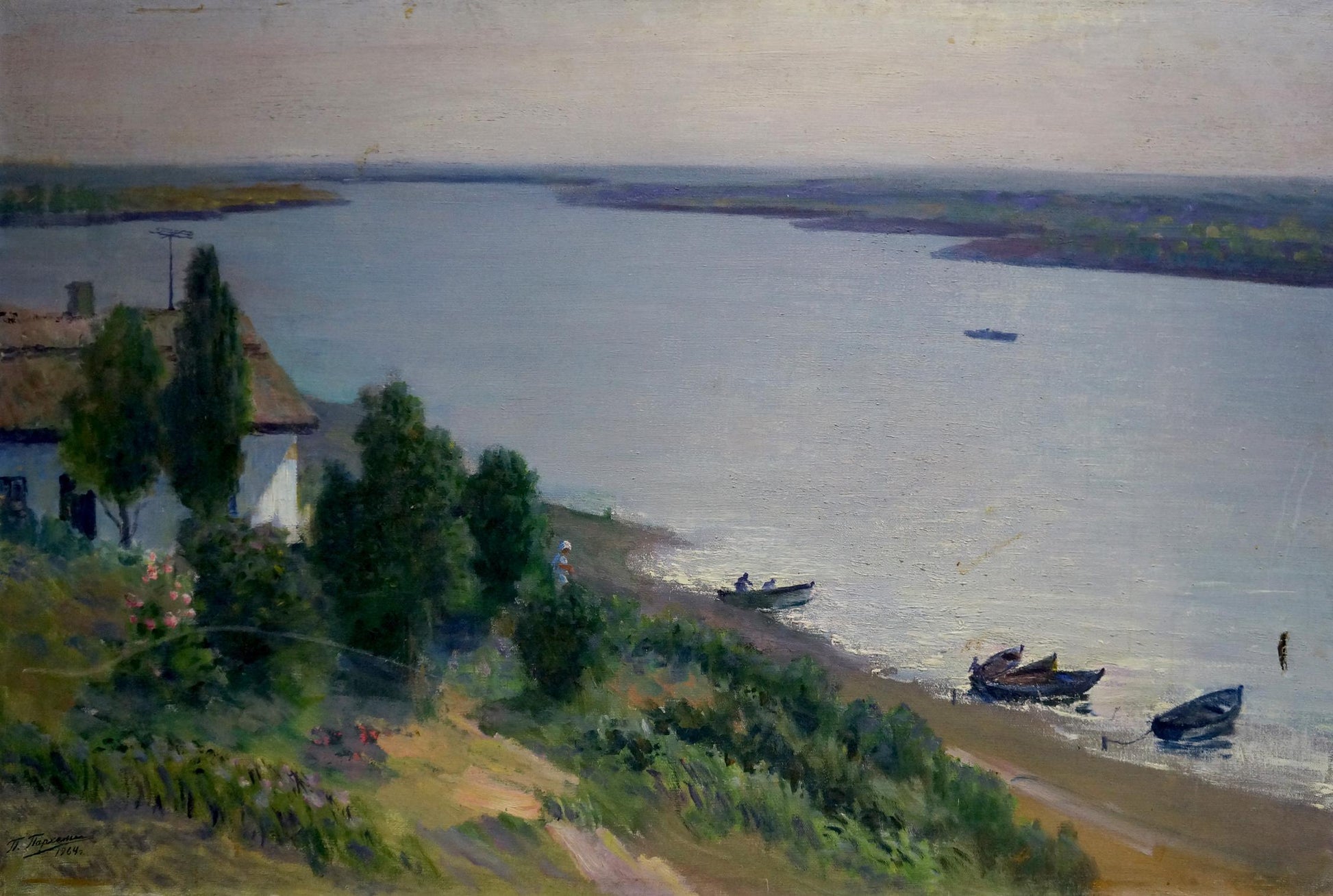 Serene oil painting River flows: impressionist river with boats in blues, greens
