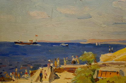 Vibrant impressionist oil painting On the Bay with boats and shore figures