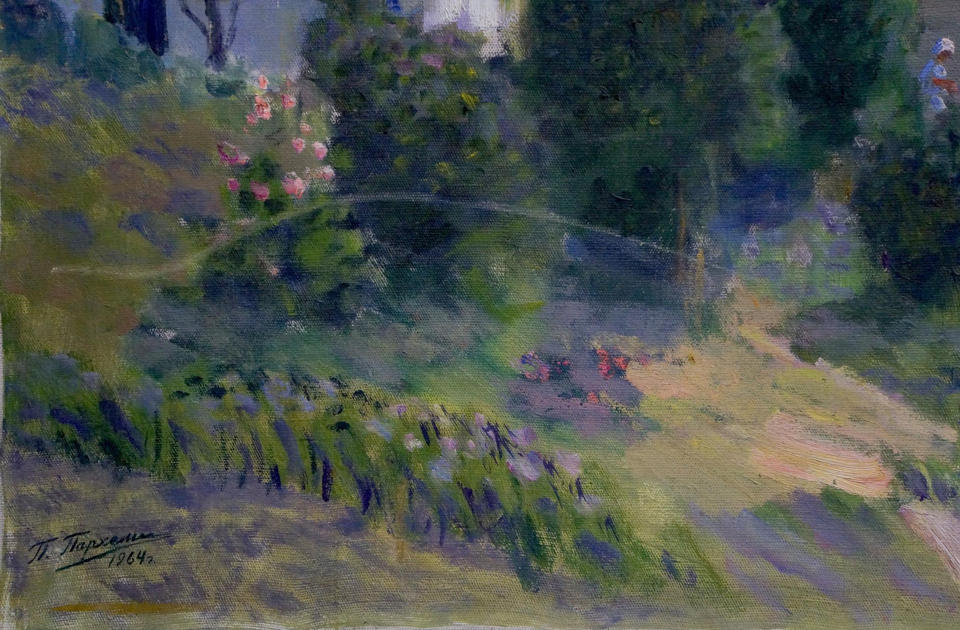 Oil painting River flows: impressionistic sunlit garden path with pink flowers