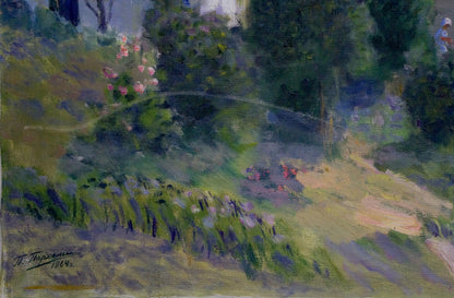 Oil painting River flows: impressionistic sunlit garden path with pink flowers