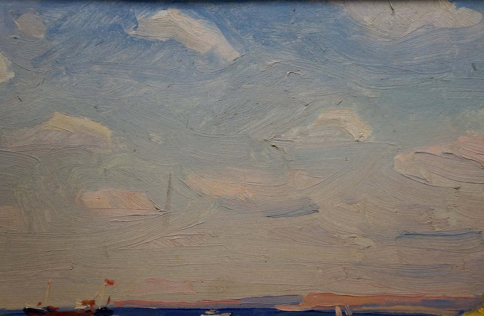 Oil painting On the bay: serene blue-white clouds over calm sea