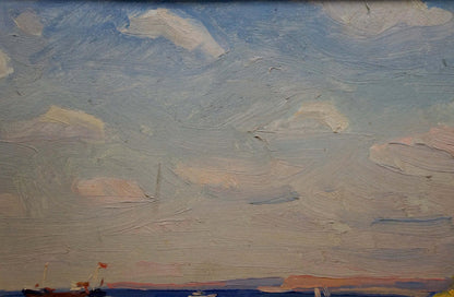 Oil painting On the bay: serene blue-white clouds over calm sea