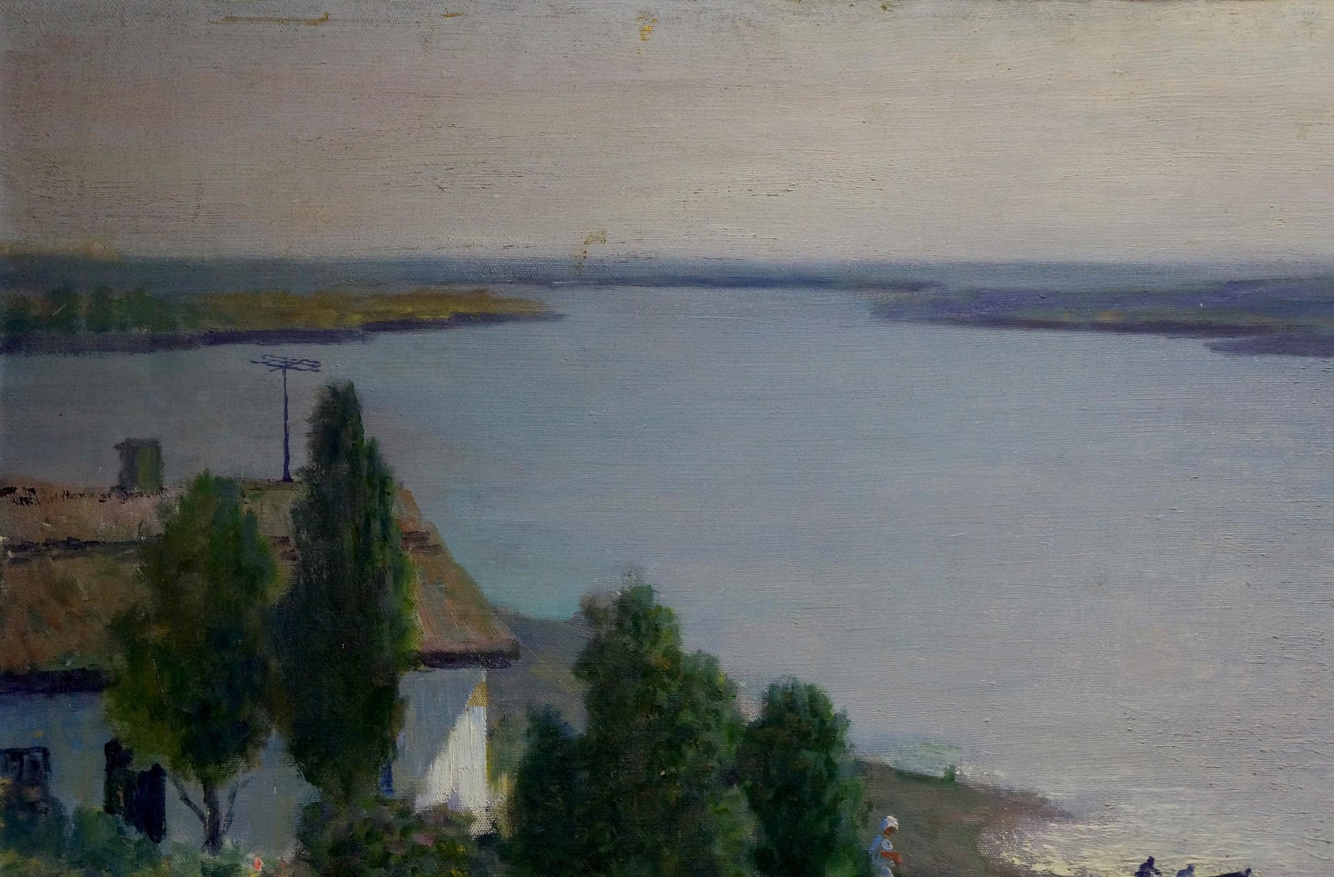 Serene impressionistic oil painting of tranquil lake and river flows