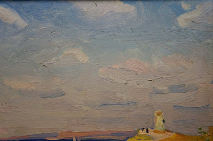 Oil painting On the Bay: blue sky, pink clouds over lighthouse shoreline