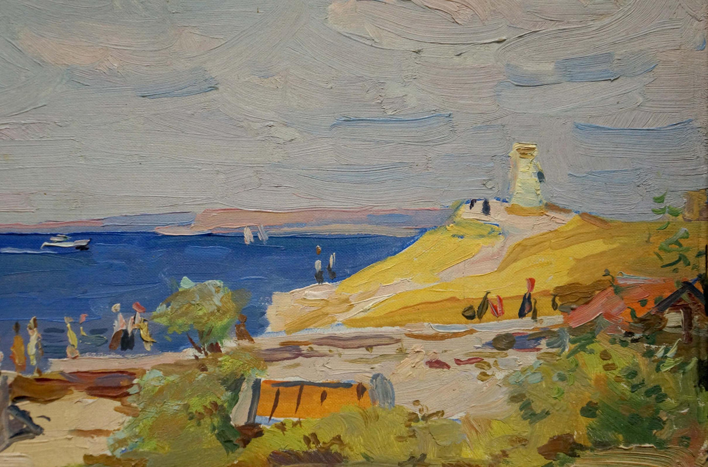 Oil painting On the bay: textured coastal scene with white lighthouse on golden hill