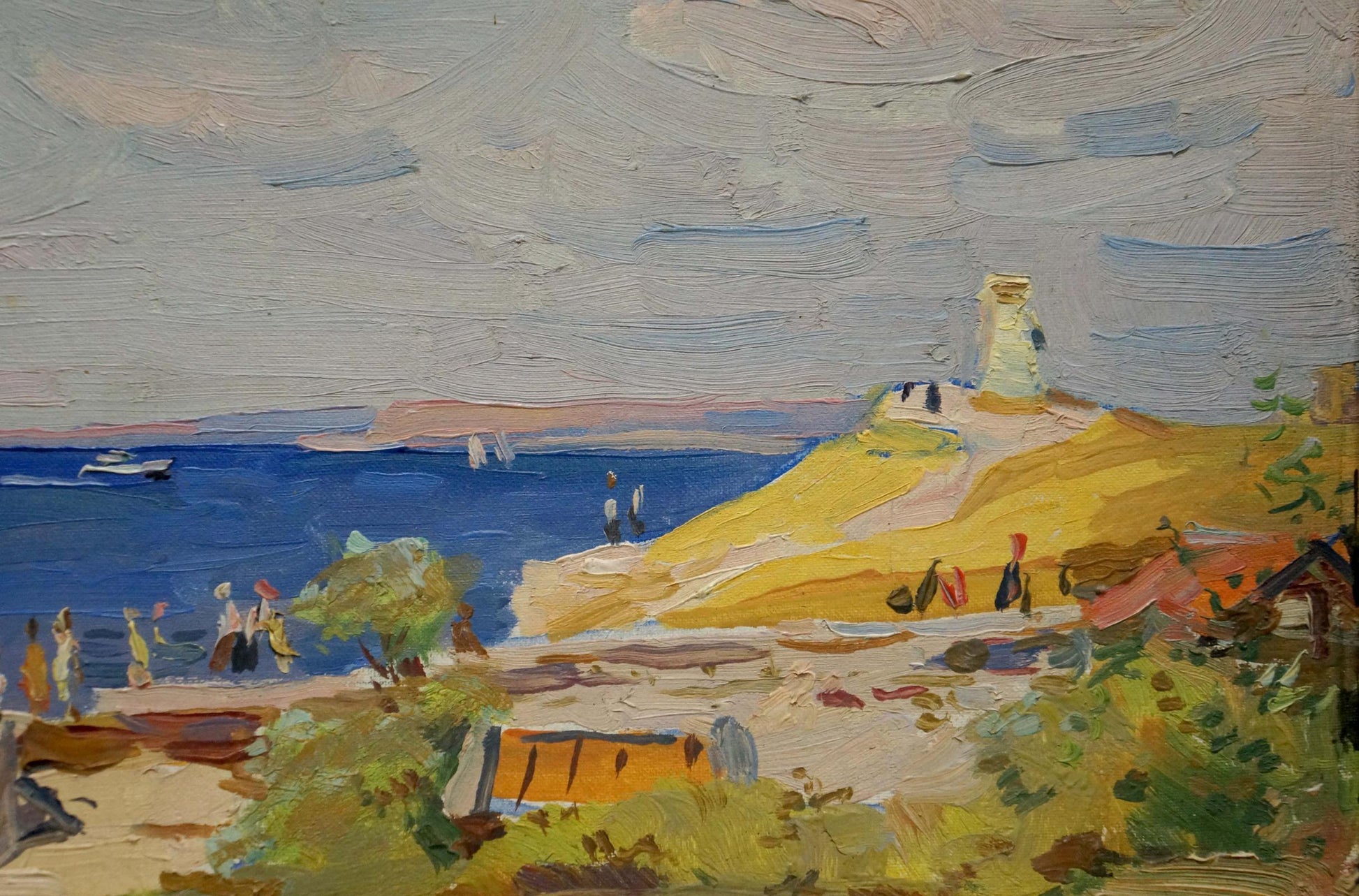 Oil painting On the bay: textured coastal scene with white lighthouse on golden hill