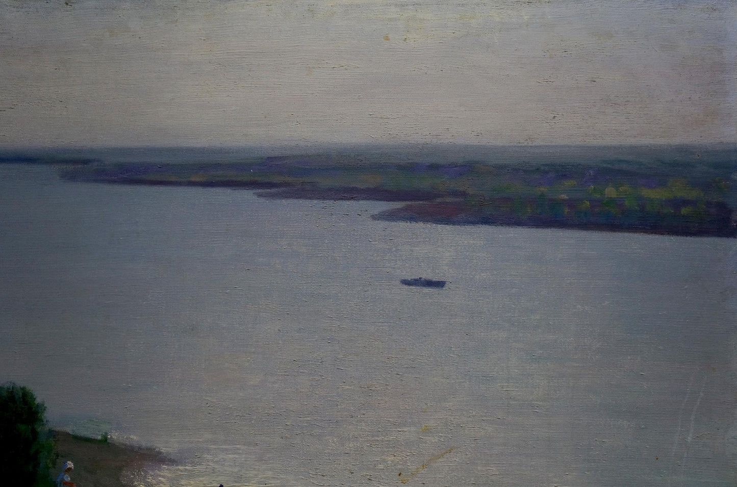 Serene muted-toned oil painting of River flows with ripples under overcast sky