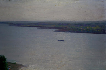 Serene muted-toned oil painting of River flows with ripples under overcast sky
