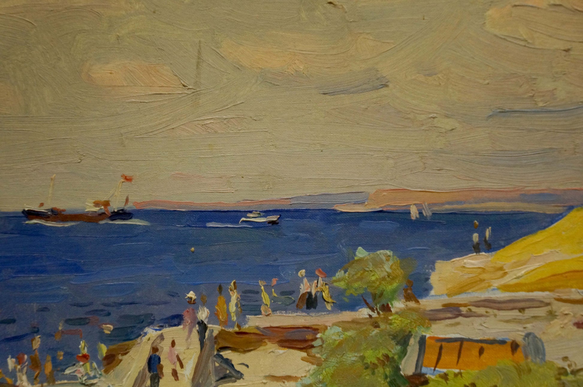Oil painting On the bay: impressionist coastal scene with boats and shore figures