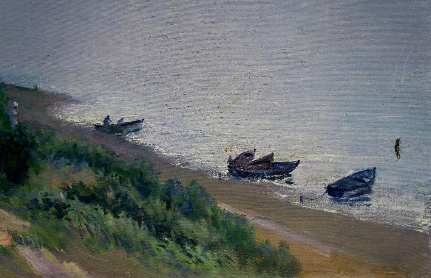 Serene impressionistic oil painting of coastal boats on sandy shore by river flows