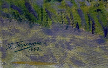 Oil painting River flows: impressionistic green purple foliage canvas signed by T