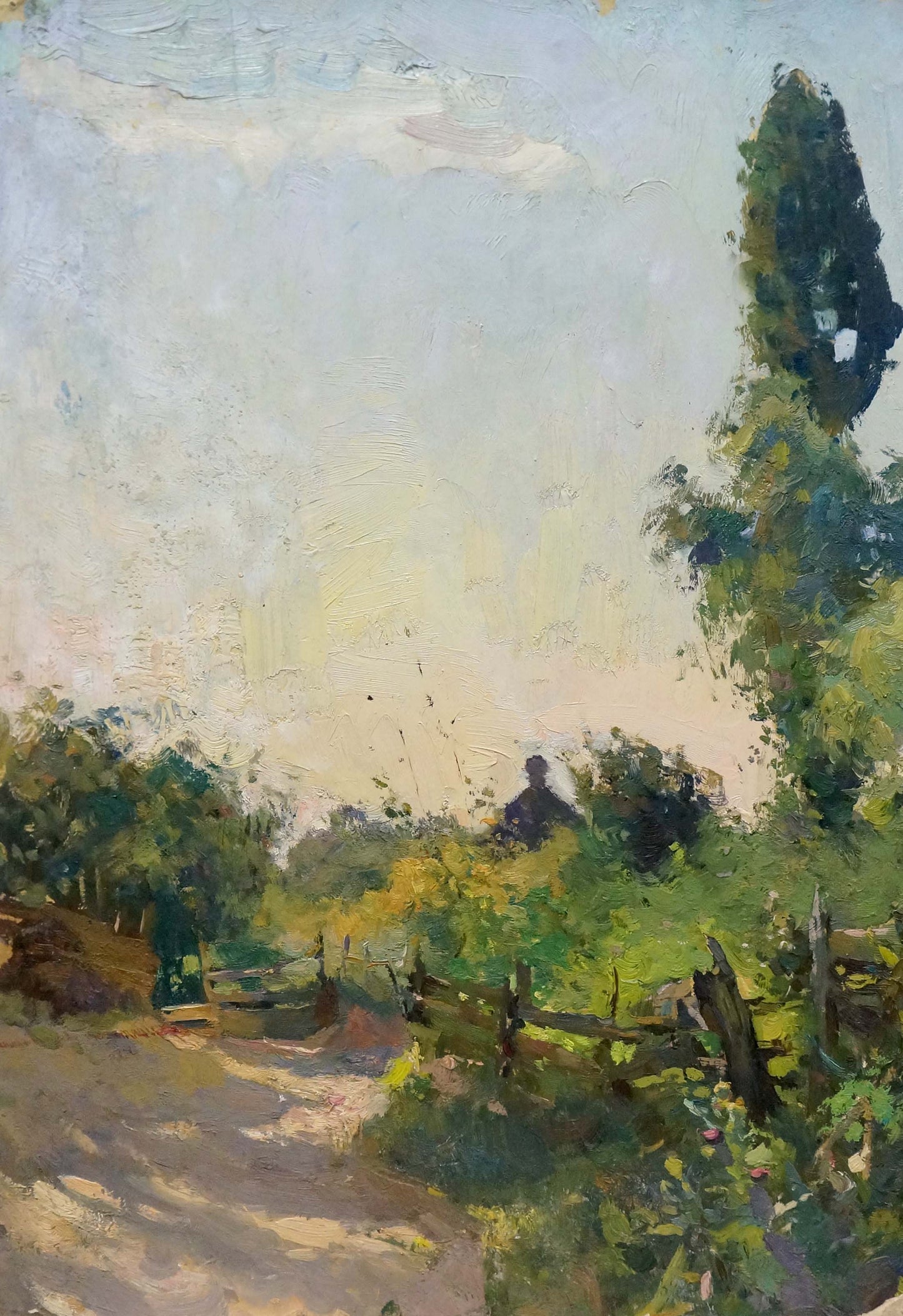 Serene impressionistic oil landscape painting of garden path with lush trees