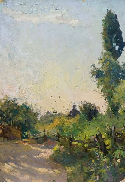 Serene impressionistic oil landscape painting of garden path with lush trees