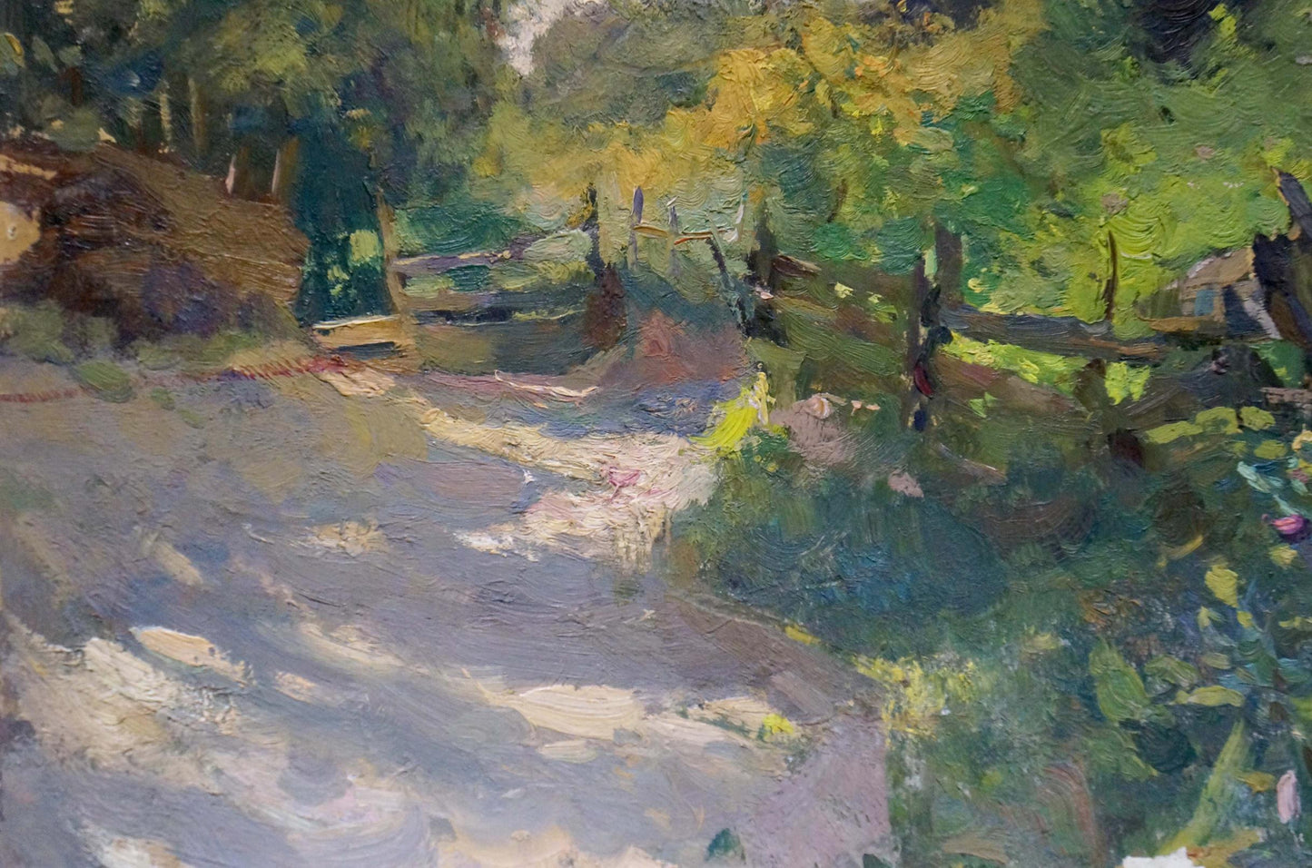 Oil painting of rustic green-brown wooden fence along sunlit dirt path