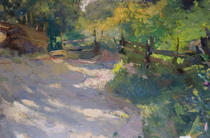Oil painting of rustic green-brown wooden fence along sunlit dirt path