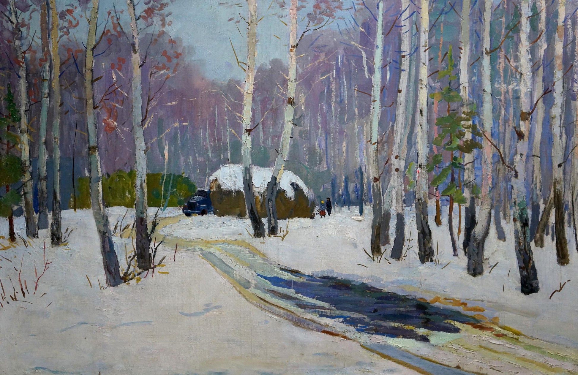 Oil painting Winter landscape Vladimir Belyak: snowy birch trees, hut, vintage car