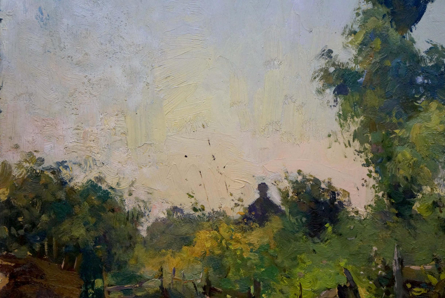 Textured impressionist oil painting of silhouetted figure in lush garden landscape
