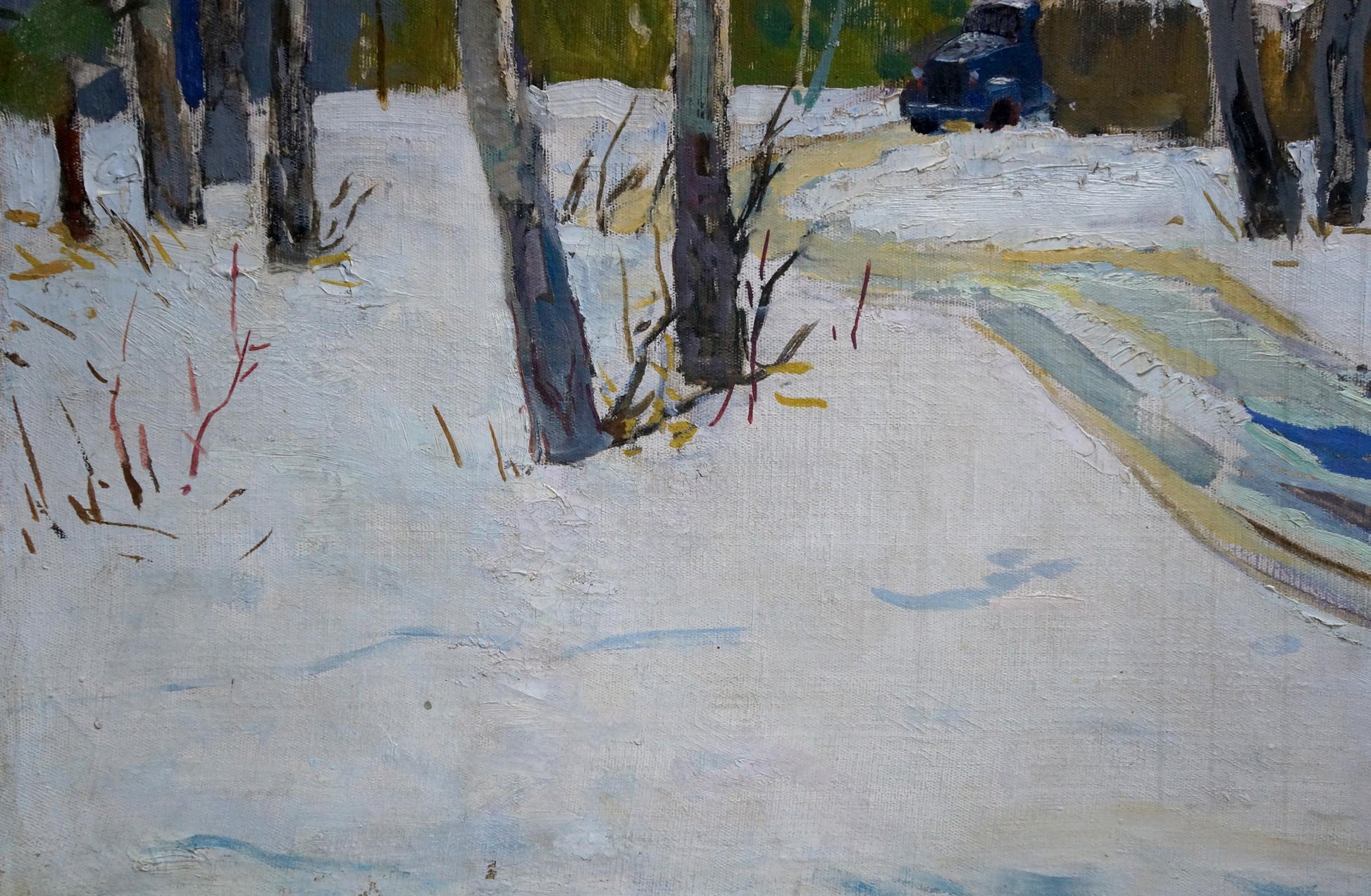 Oil painting of dark blue vintage truck in snowy forest by Vladimir Belyak