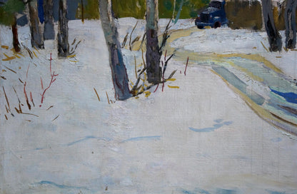Oil painting of dark blue vintage truck in snowy forest by Vladimir Belyak