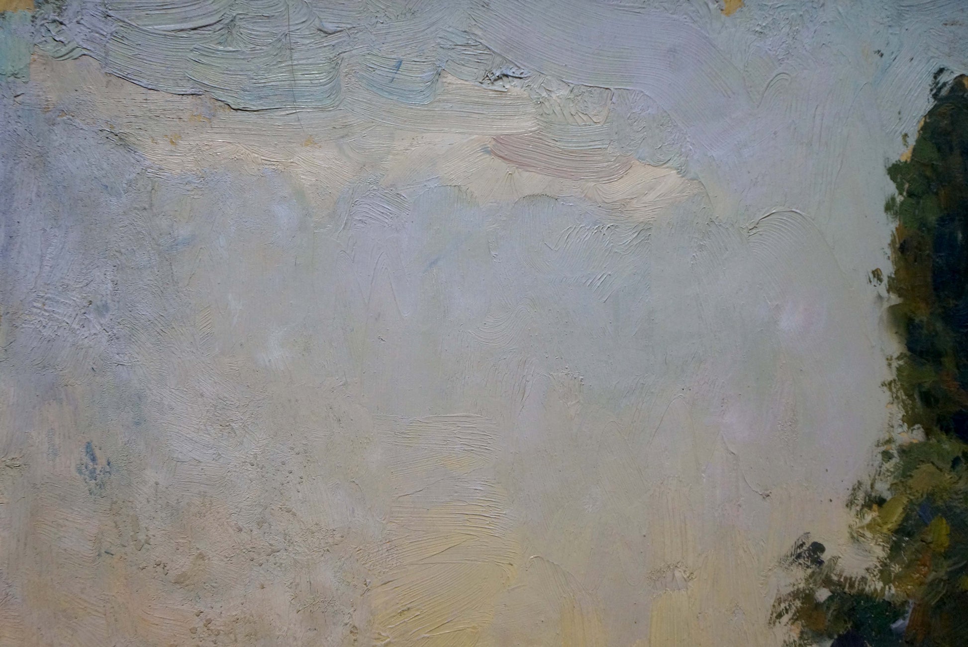Oil painting of garden landscape in pale blue, beige and green strokes