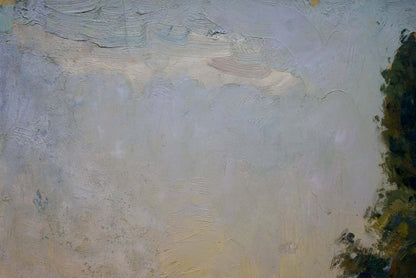 Oil painting of garden landscape in pale blue, beige and green strokes