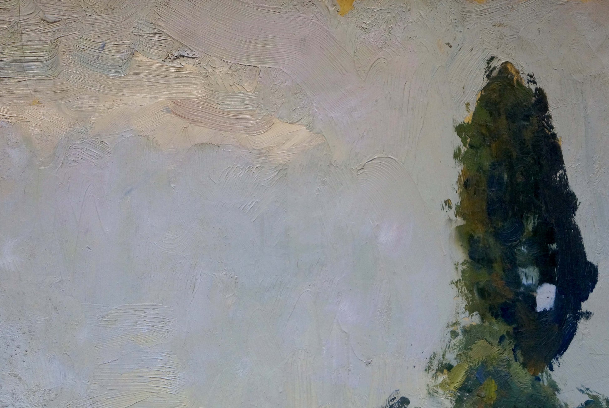 Oil painting of garden landscape in textured gray beige with green black strokes