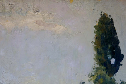 Oil painting of garden landscape in textured gray beige with green black strokes