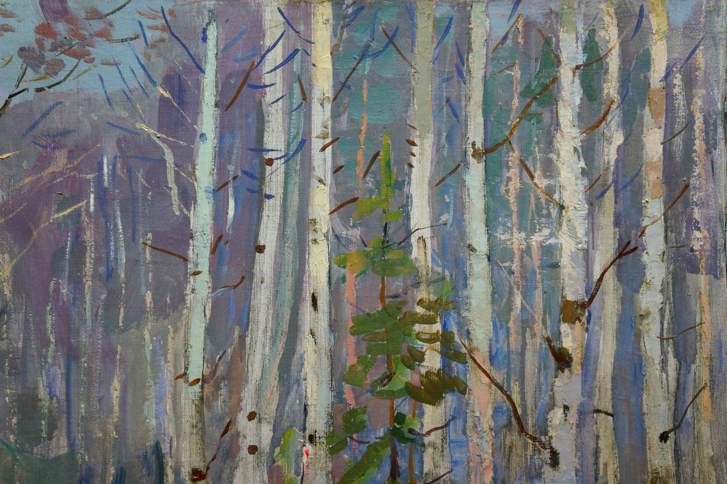 Vibrant impressionist oil painting of winter birch forest by Vladimir Belyak