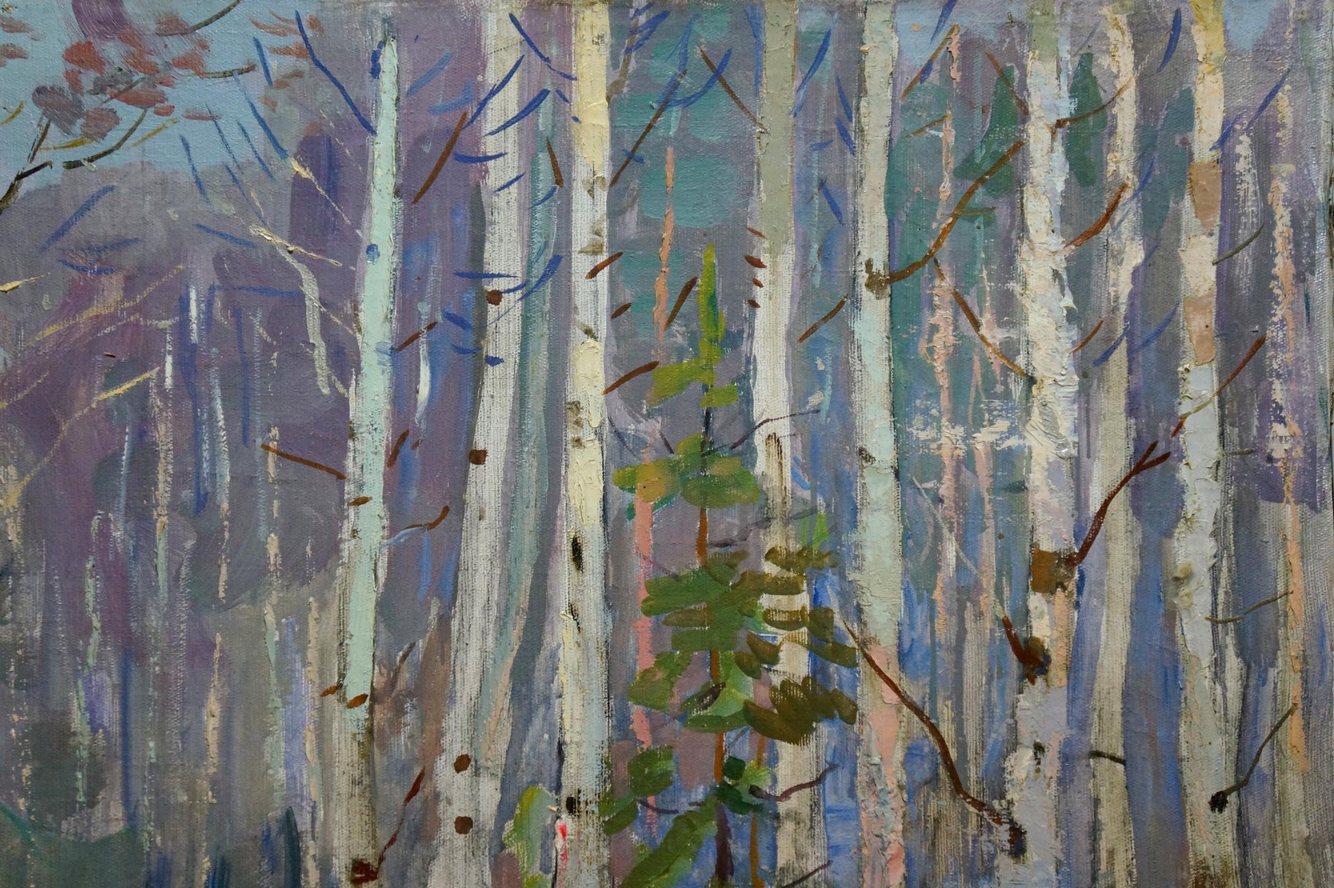Vibrant impressionist oil painting of winter birch forest by Vladimir Belyak