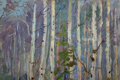 Vibrant impressionist oil painting of winter birch forest by Vladimir Belyak
