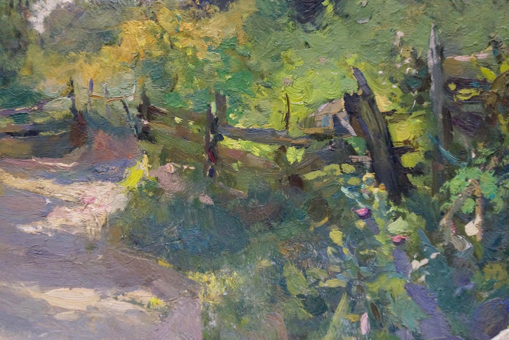 Oil painting of rustic wooden fence in lush garden landscape